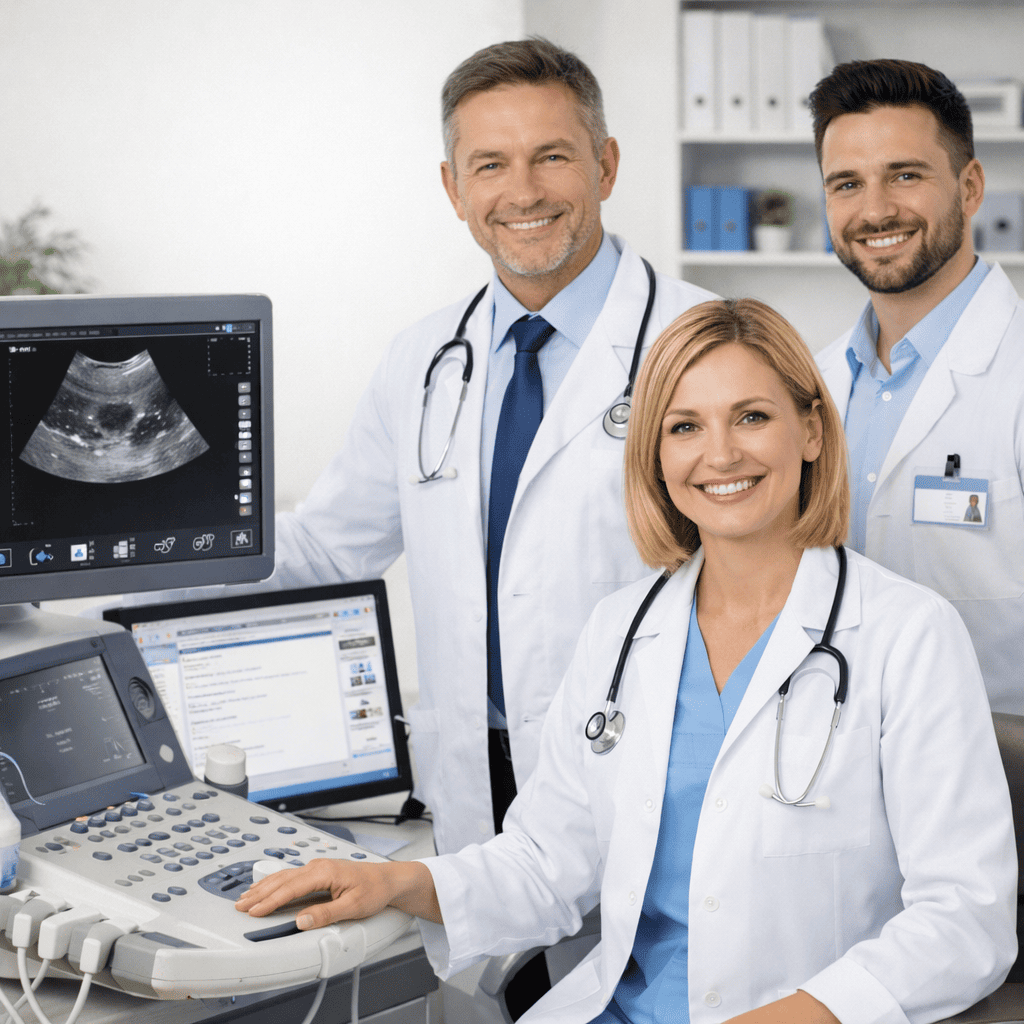 Medici di IGEA61 durante un esame ecografico con ecografo e computer, esempio di tecnologia e competenza diagnostica.