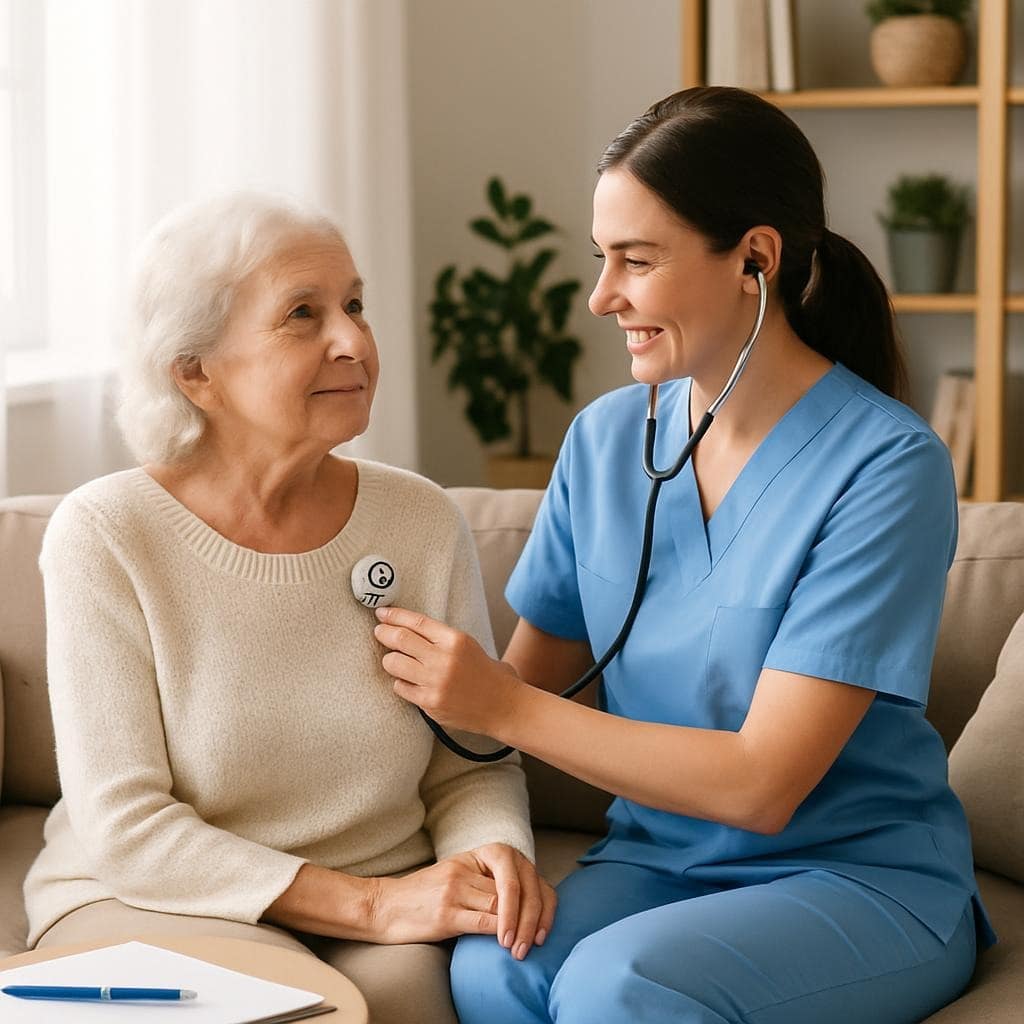 Infermiere professionale presta assistenza domiciliare a un paziente, garantendo cure mediche e supporto sanitario direttamente a casa